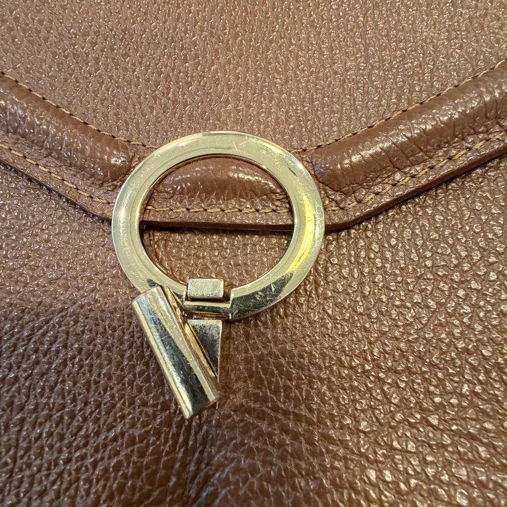 Women’s Brown Leather Crossbody Bag with Gold Ring Accent Italian - Picture 9 of 10